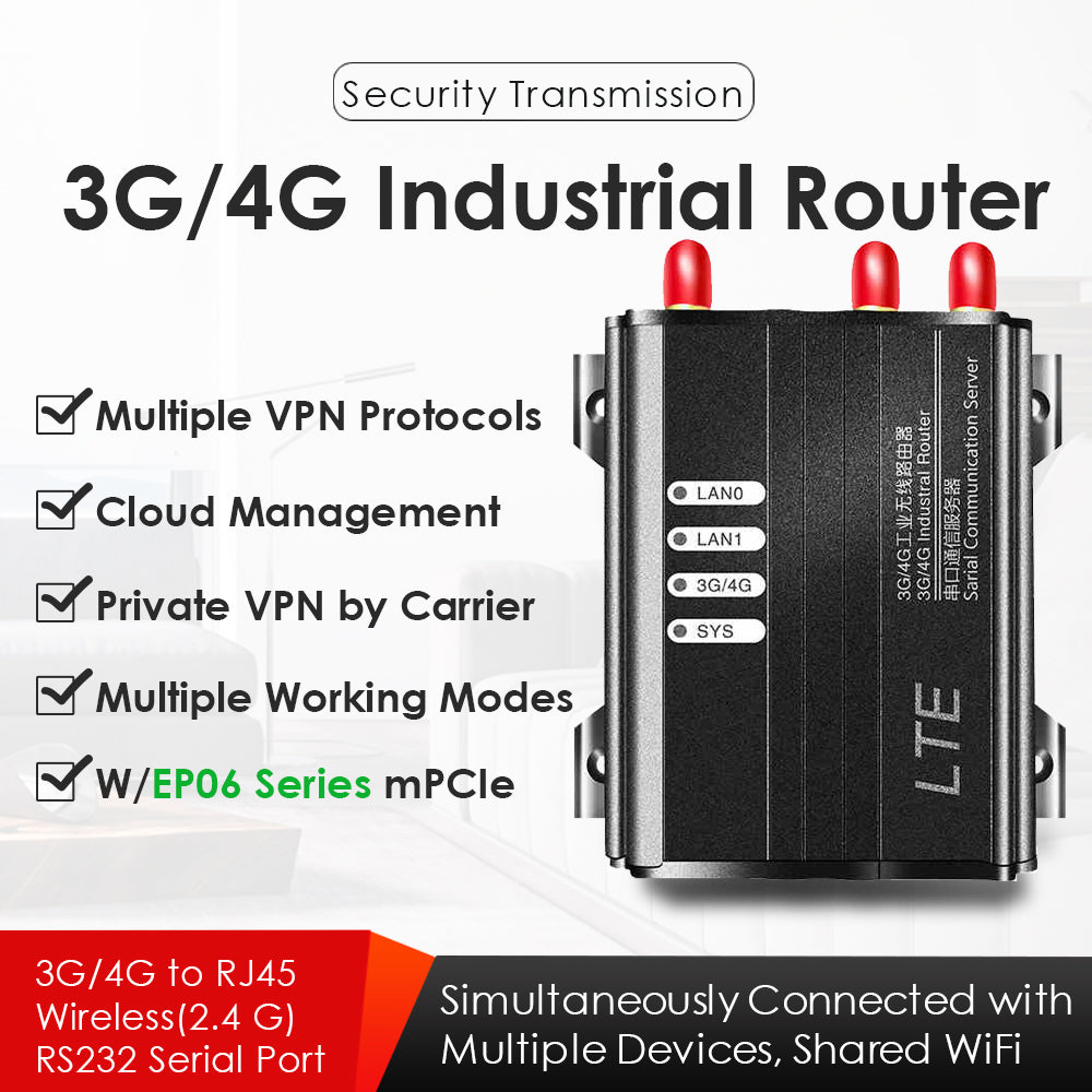 4G Industrial Router w/Quectel EP06 Cat 6 Module SIM Card Slot Wide Voltage DC7-35V VPN PPTP L2TP