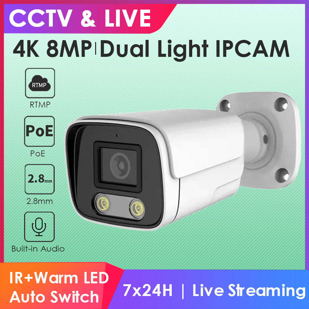 4K Smart IR or Dual Light PoE IP Camera w/Wide Angle 2.8mm Built-in Audio RTMP to YouTube/Facebook etc.