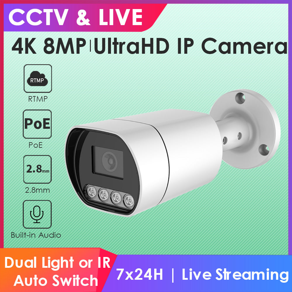 4K UltraHD Smart IR PoE Camera w/Wide Angle 2.8mm Built-in Audio RTMP to YouTube/Facebook etc.