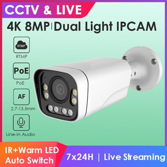 4K Dual Light 5X AF RTMP IP Camera w/PoE Optical Zoom 2.7-13.5mm Human Detection IP66 RTMP to YouTube/Facebook etc.