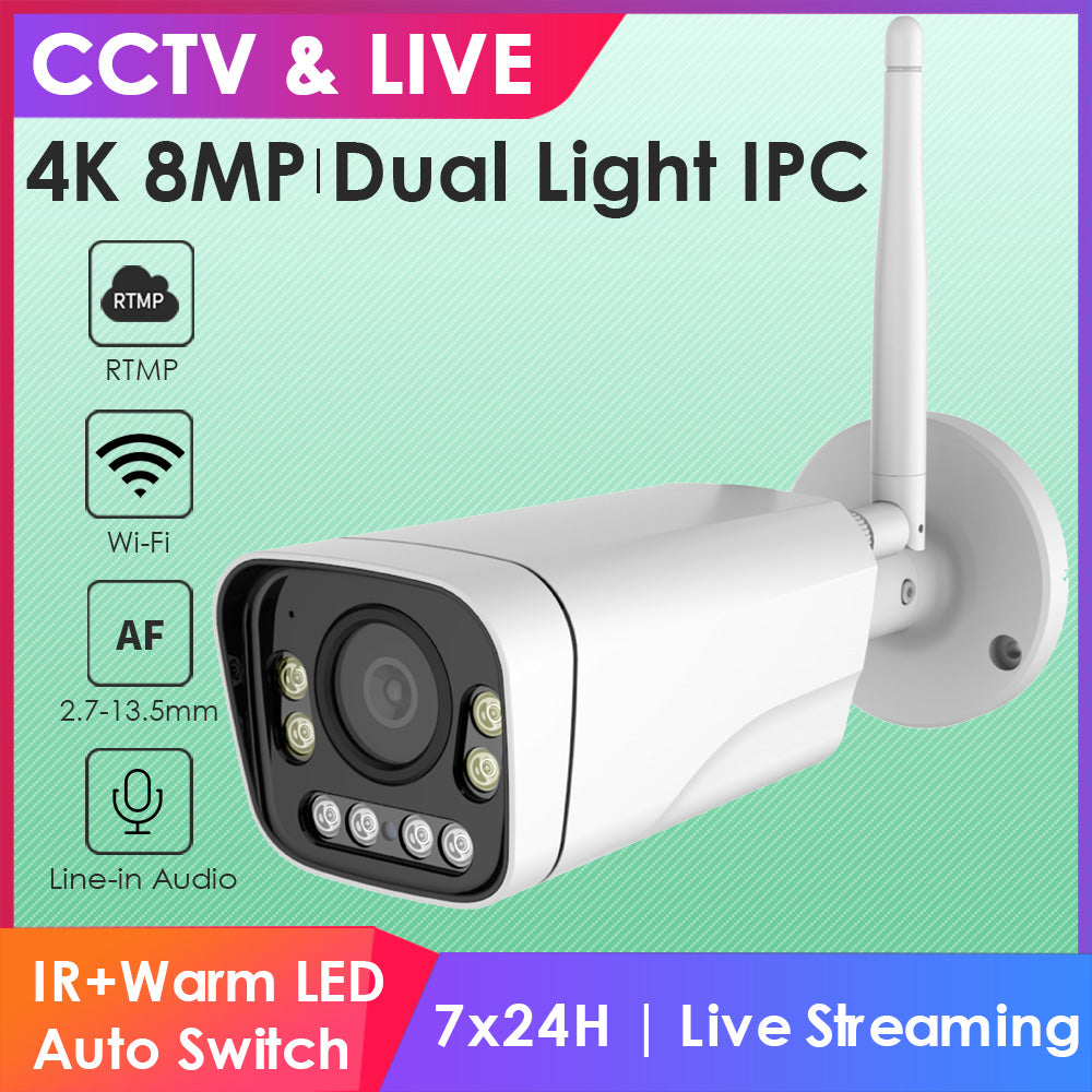 4K Dual Light 5X AF RTMP IP Camera w/WiFi Optical Zoom 2.7-13.5mm Human Detection IP66 RTMP to YouTube/Facebook etc.