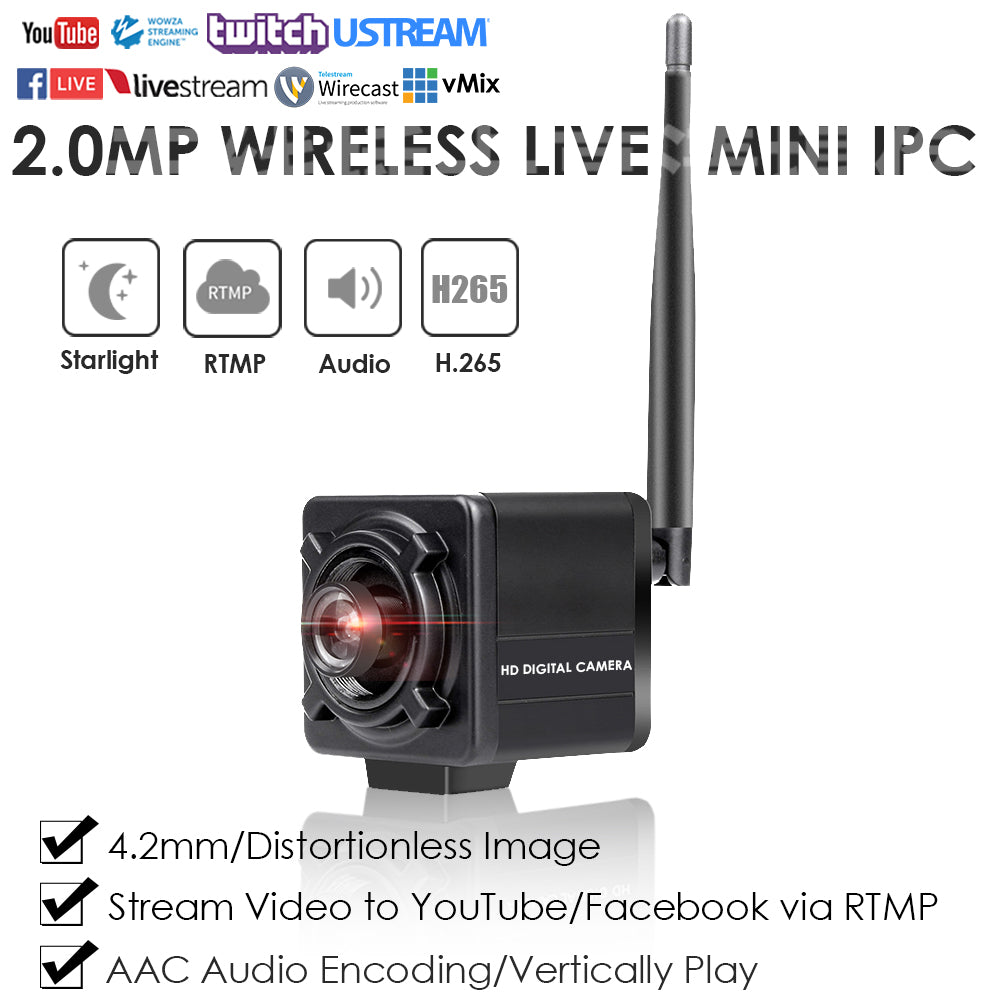 4K UltraHD WiFi Mini Cube Live IP Camera w/2.8mm Wide Angle Line-in Audio RTMP to YouTube/Facebook etc.